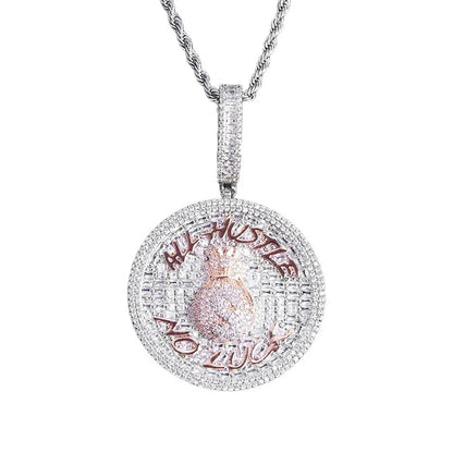 Iced Out "ALL HUSTLE NO LUCK" Medallion | Men's Round Letter Pendant - CaratixJewelry