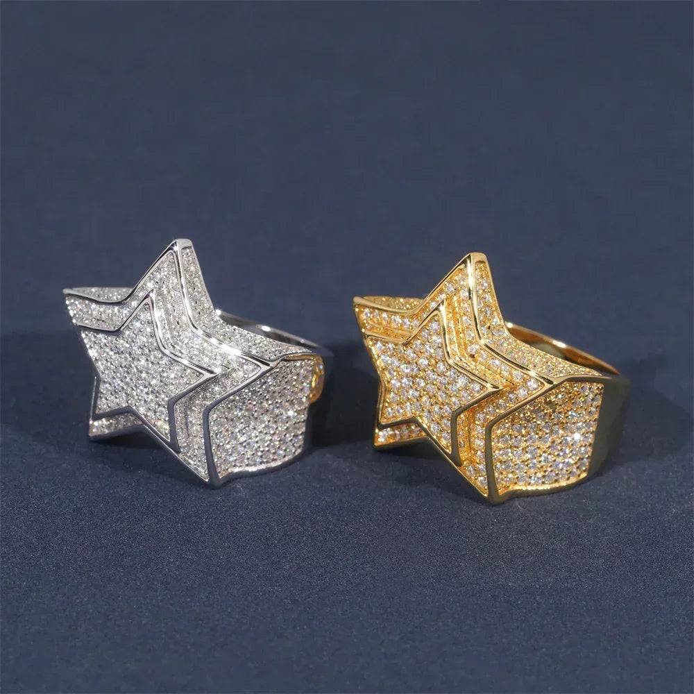 D-Color VVS Moissanite Star Ring | S925 Silver Unisex Iced Out Hip Hop Jewelry - CaratixJewelry