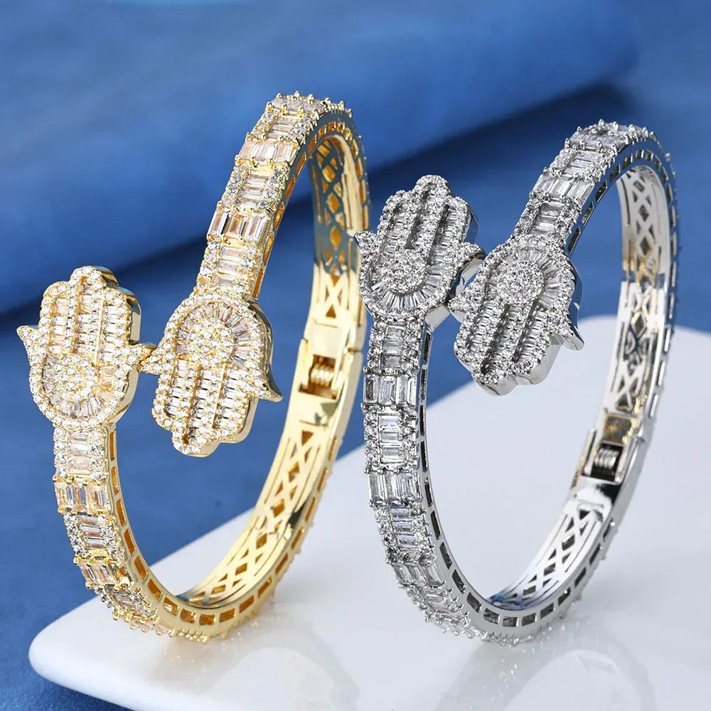 Iced Out Hand of Fatima Bracelet Mixed Zircon Bling Jewelry - CaratixJewelry