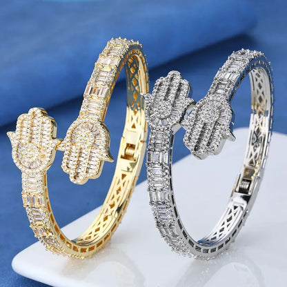 Iced Out Hand of Fatima Bracelet Mixed Zircon Bling Jewelry - CaratixJewelry