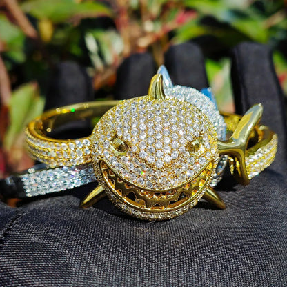 Iced Out Shark Bangle Bracelet with Copper & Zircon | Gold & Silver Open Cuff Hip Hop Jewelry for Men & Women | Caratix Jewelry - CaratixJewelry