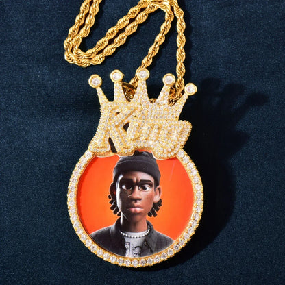 Crown Round Photo Pendant | Iced Out CZ DIY Custom Picture Hip Hop Necklace - CaratixJewelry