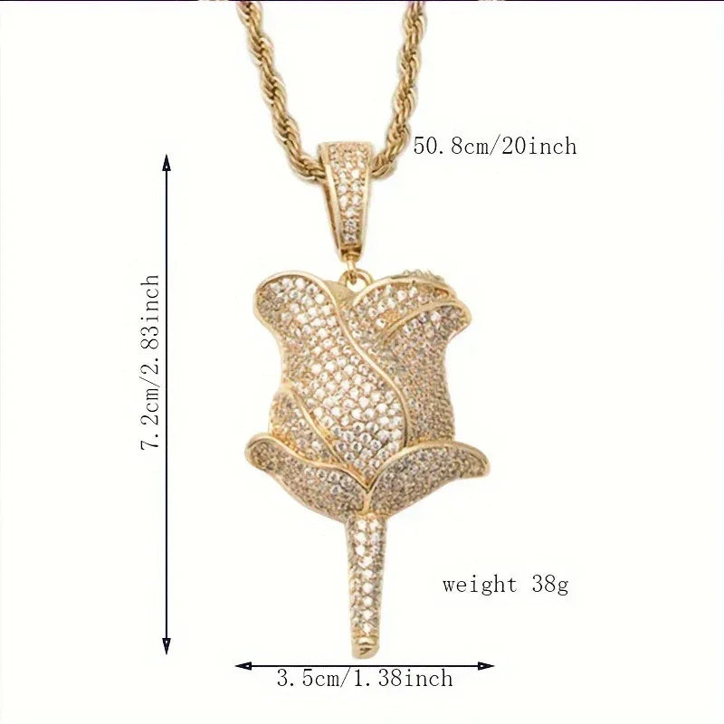 Unisex Iced Out Rose Pendant | Solid Color Real Copper CZ Necklace - CaratixJewelry