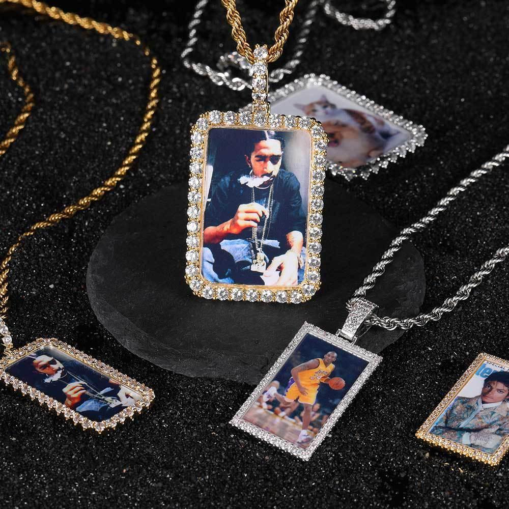 Custom Large Square Photo Pendant Necklace with Micro-Pave Zircon Stones | Caratix Jewelry - CaratixJewelry