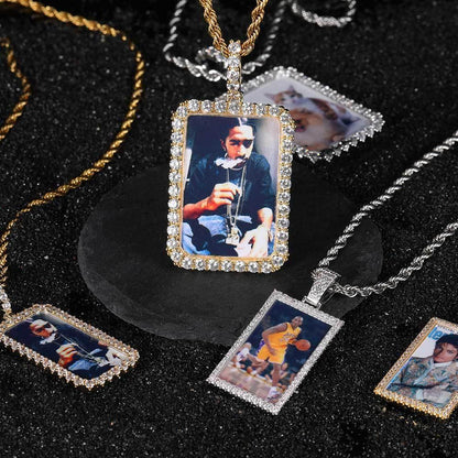 Custom Large Square Photo Pendant Necklace with Micro-Pave Zircon Stones | Caratix Jewelry - CaratixJewelry