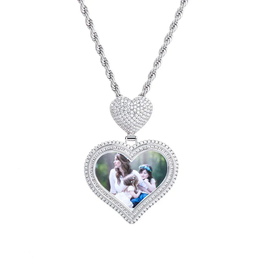 Custom Heart Photo Pendant Necklace with Zircon Stones for Men | Caratix Jewelry - CaratixJewelry