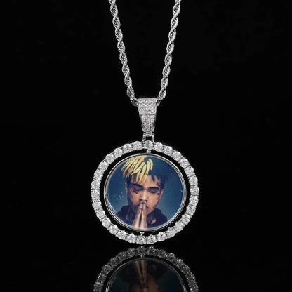 Custom Rotating Double-Sided Round Photo Pendant Necklace with Micro-Pave Zircon Stones | Caratix Jewelry - CaratixJewelry