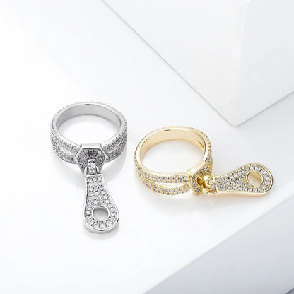 Unique Zipper Puller Hip Hop Ring | Iced Out Zirconia Band | Caratix