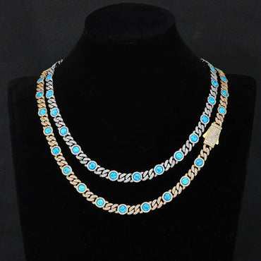 8mm Blue Gem Cuban Chain Necklace Rapper Style - CaratixJewelry