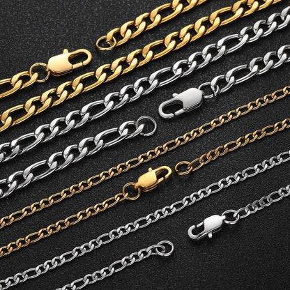 Stainless Steel Figaro Chain Necklace with Box Clasp 18K Gold Plated for Men | Caratix Jewelry - CaratixJewelry