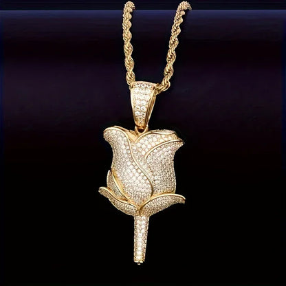 Unisex Iced Out Rose Pendant | Solid Color Real Copper CZ Necklace - CaratixJewelry