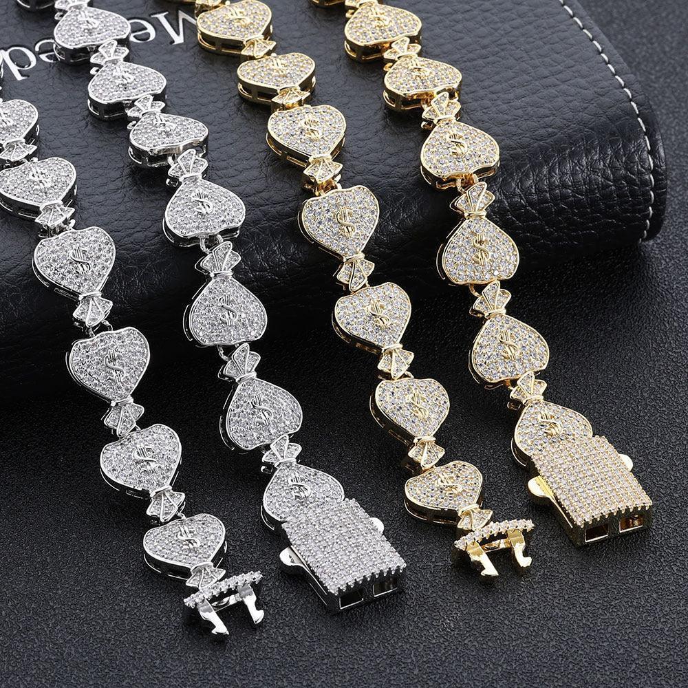 15mm Money Bag Cuban Bracelet Zircon Rapper Chain - CaratixJewelry