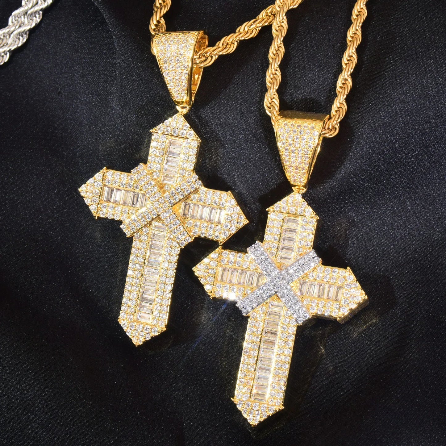 Iced Out Cross Pendant Necklace – Step-Cut Mixed Stone - CaratixJewelry