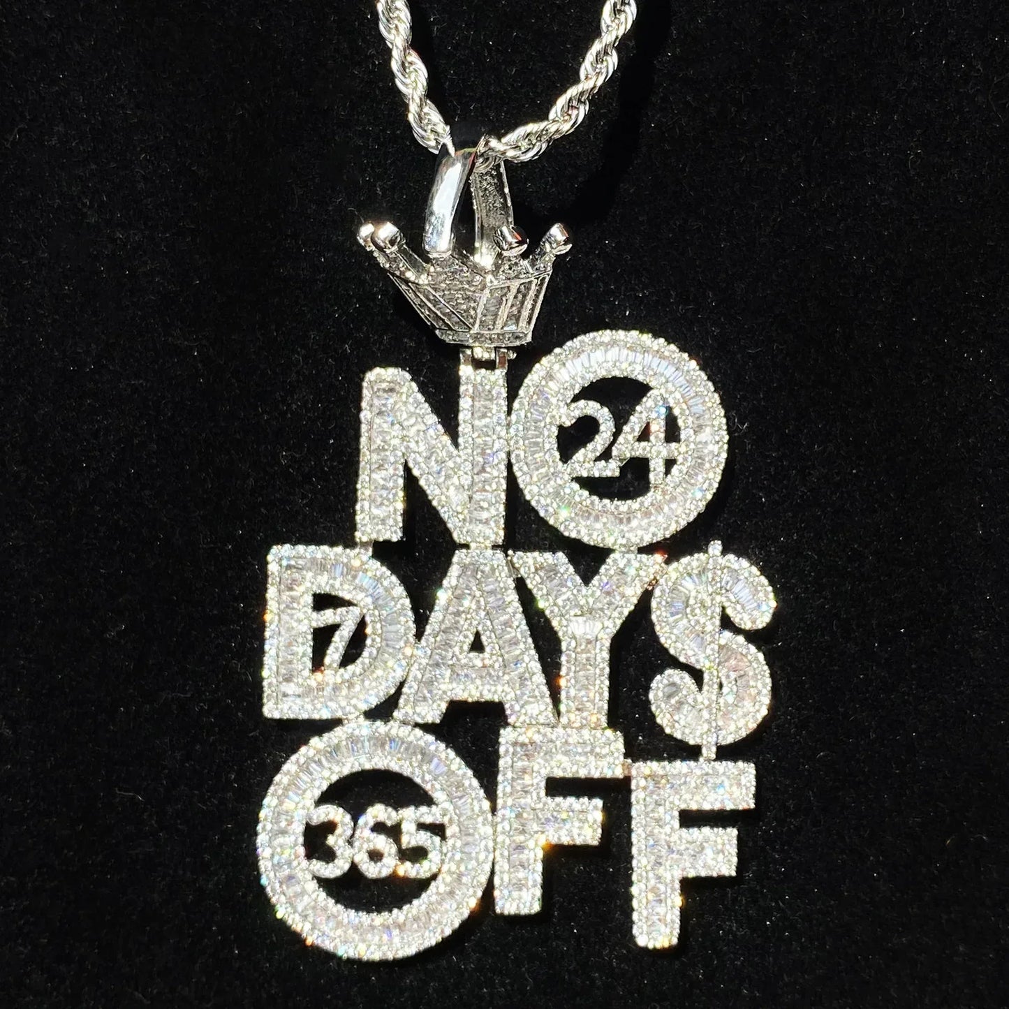 Iced Out "No Days Off" Text Pendant | Gym Fitness & Entrepreneur Jewelry - CaratixJewelry
