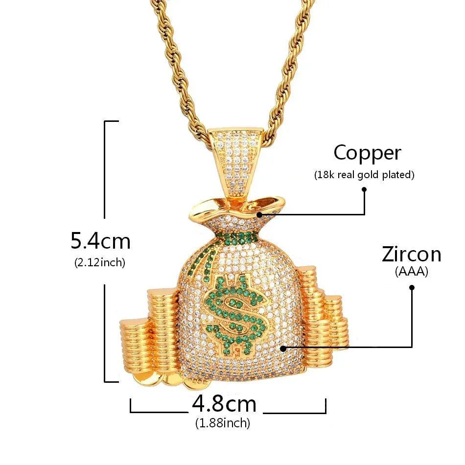 Iced Out Money Bag Pendant | Men's Real Gold Plated Necklace | Premium Copper CZ Dollar Sign Sack | Secure The Bag Jewelry | Caratix - CaratixJewelry