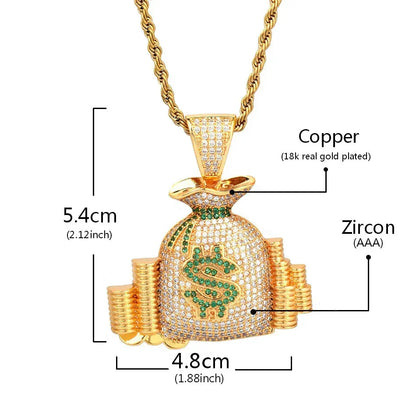 Iced Out Money Bag Pendant | Men's Real Gold Plated Necklace | Premium Copper CZ Dollar Sign Sack | Secure The Bag Jewelry | Caratix - CaratixJewelry