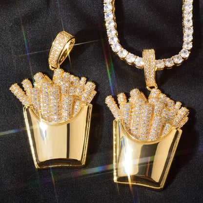 Iced Out French Fries Pendant Necklace | CZ Hip Hop Unisex Trendy Jewelry - CaratixJewelry