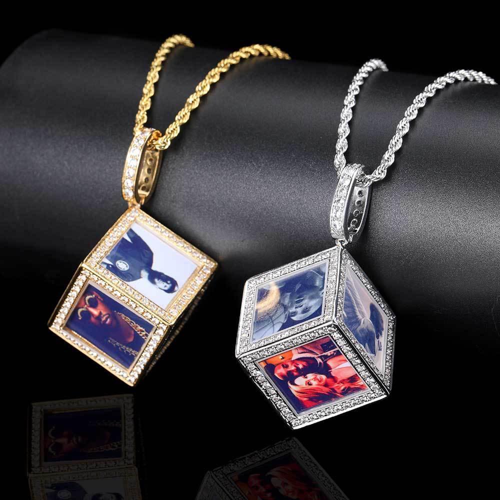 Custom Cube Memory Photo Pendant Necklace with Micro-Pave Zircon Stones | Caratix Jewelry - CaratixJewelry