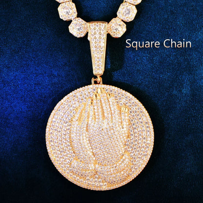 Double-Hand Disc Pendant Necklace | CZ Iced Out Hip Hop Streetwear Sweater Chain - CaratixJewelry