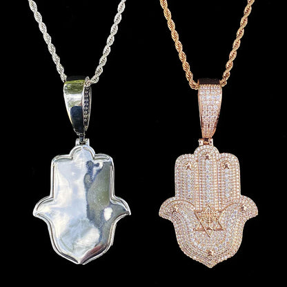 Iced Out Hand & Star Pendant | Unisex Real Copper CZ "Lucky Charm" Necklace - CaratixJewelry