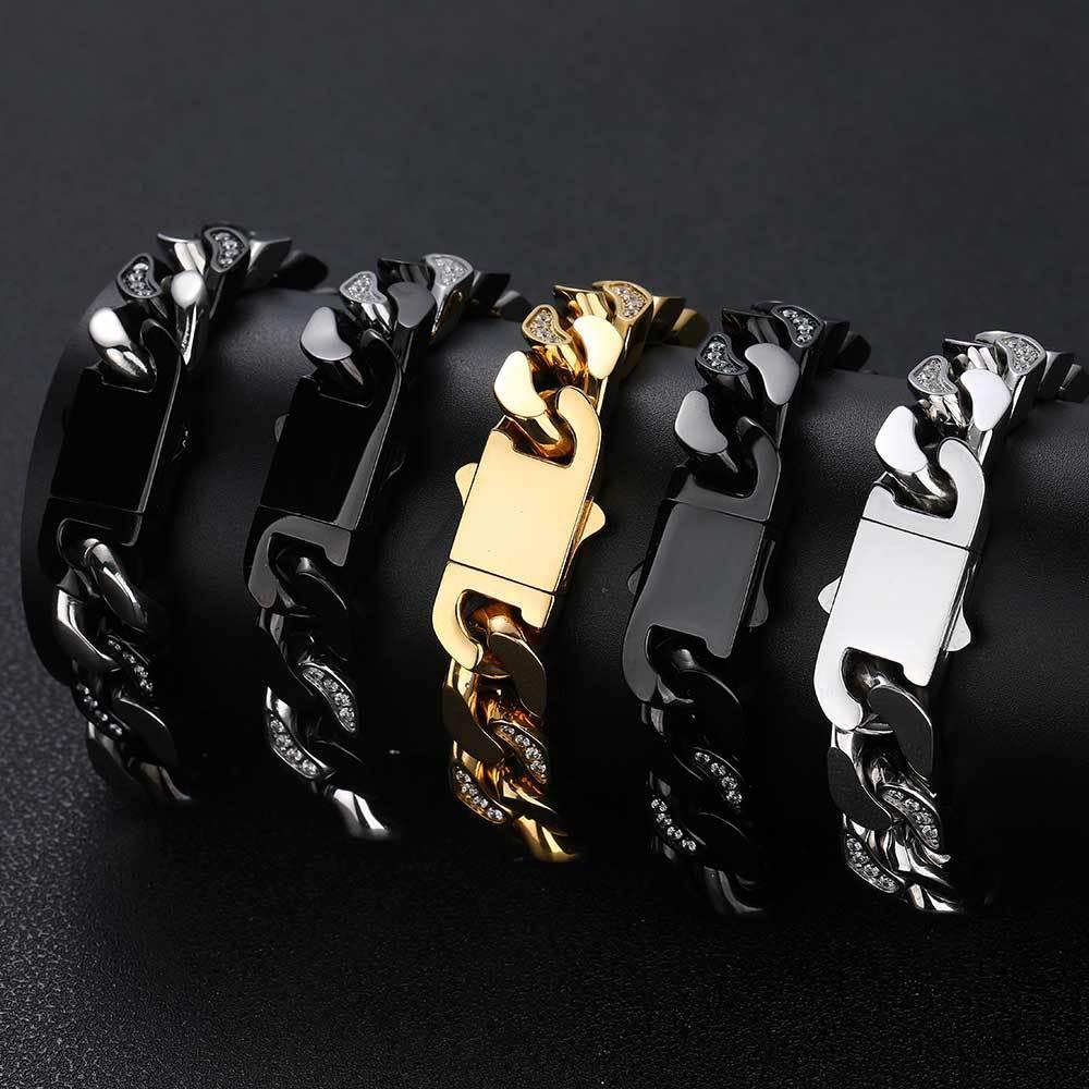 12mm Stainless Steel Hip Hop Bracelet with CNC Half Pavé Zircon - CaratixJewelry