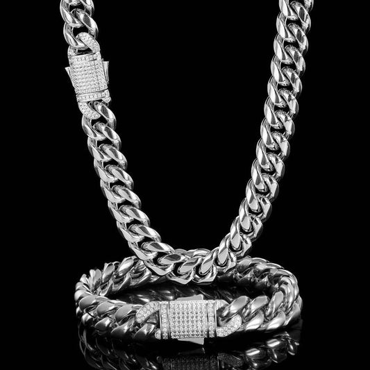 Custom Stainless Steel Cuban Chain Necklace with Zircon Stones & Spring Clasp for Men | Caratix Jewelry - CaratixJewelry