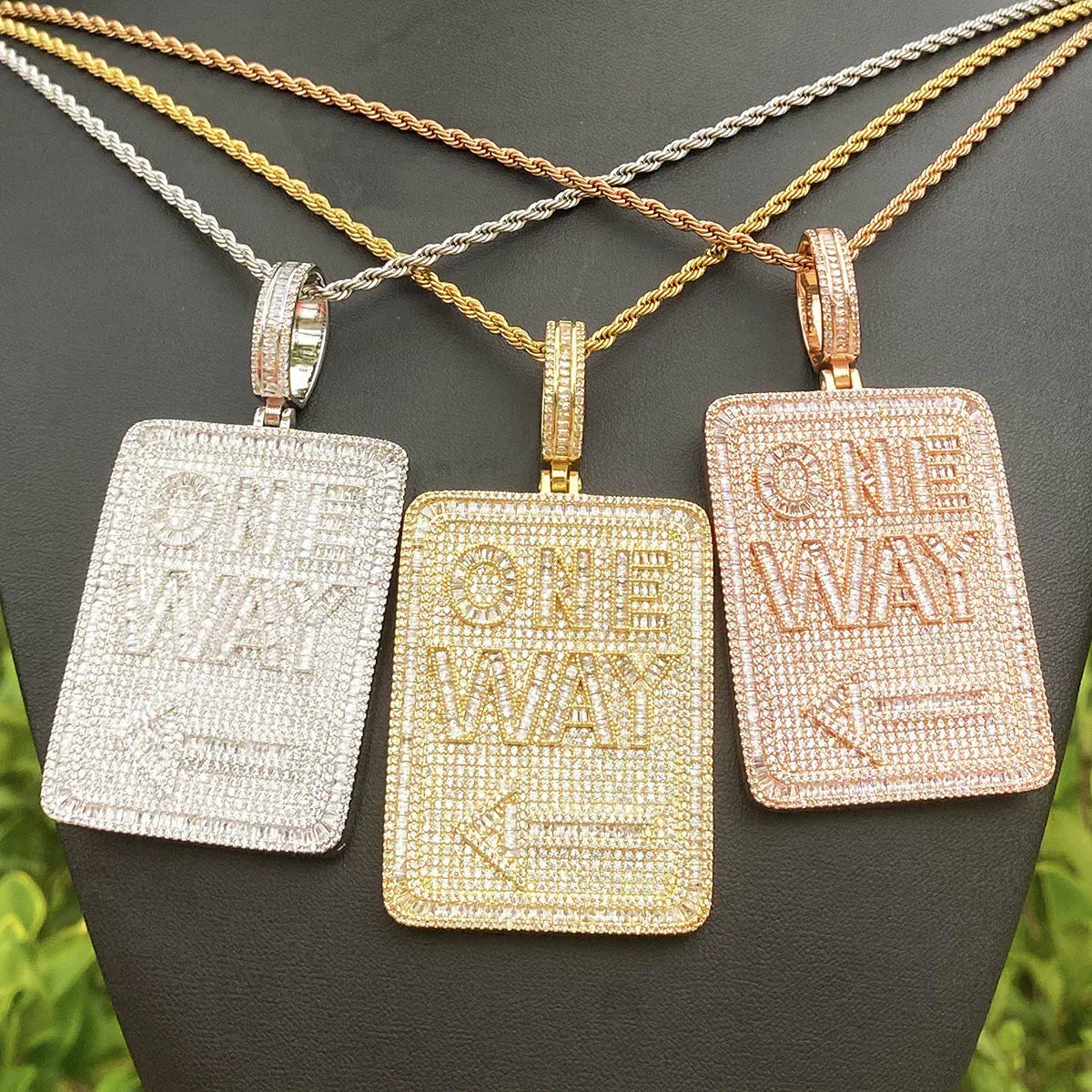 Iced Out "ONE WAY" Rectangular Pendant | Men's Real Copper CZ Plaque Necklace - CaratixJewelry