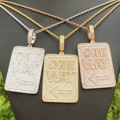 Iced Out "ONE WAY" Rectangular Pendant | Men's Real Copper CZ Plaque Necklace - CaratixJewelry