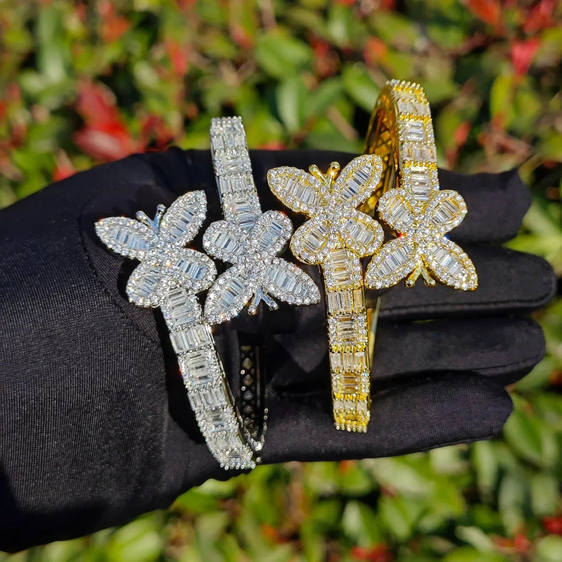 Iced Out Butterfly Bangle Bracelet with Copper & Zircon | Gold & Silver Open Cuff Hip Hop Jewelry for Men & Women | Caratix Jewelry - CaratixJewelry