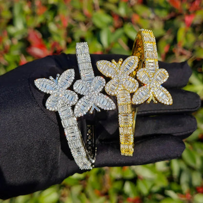 Iced Out Butterfly Bangle Bracelet with Copper & Zircon | Gold & Silver Open Cuff Hip Hop Jewelry for Men & Women | Caratix Jewelry - CaratixJewelry