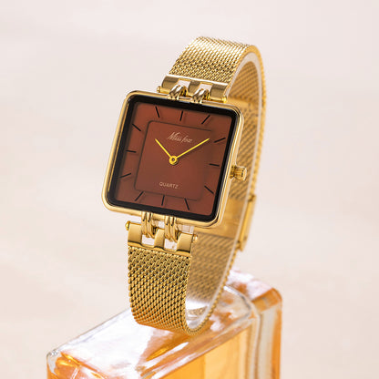 Classic Square Gold Watch Stainless Steel Mesh Band | Caratix