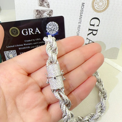 10mm Moissanite Rope Chain Necklace | S925 Silver Hip Hop Jewelry - CaratixJewelry
