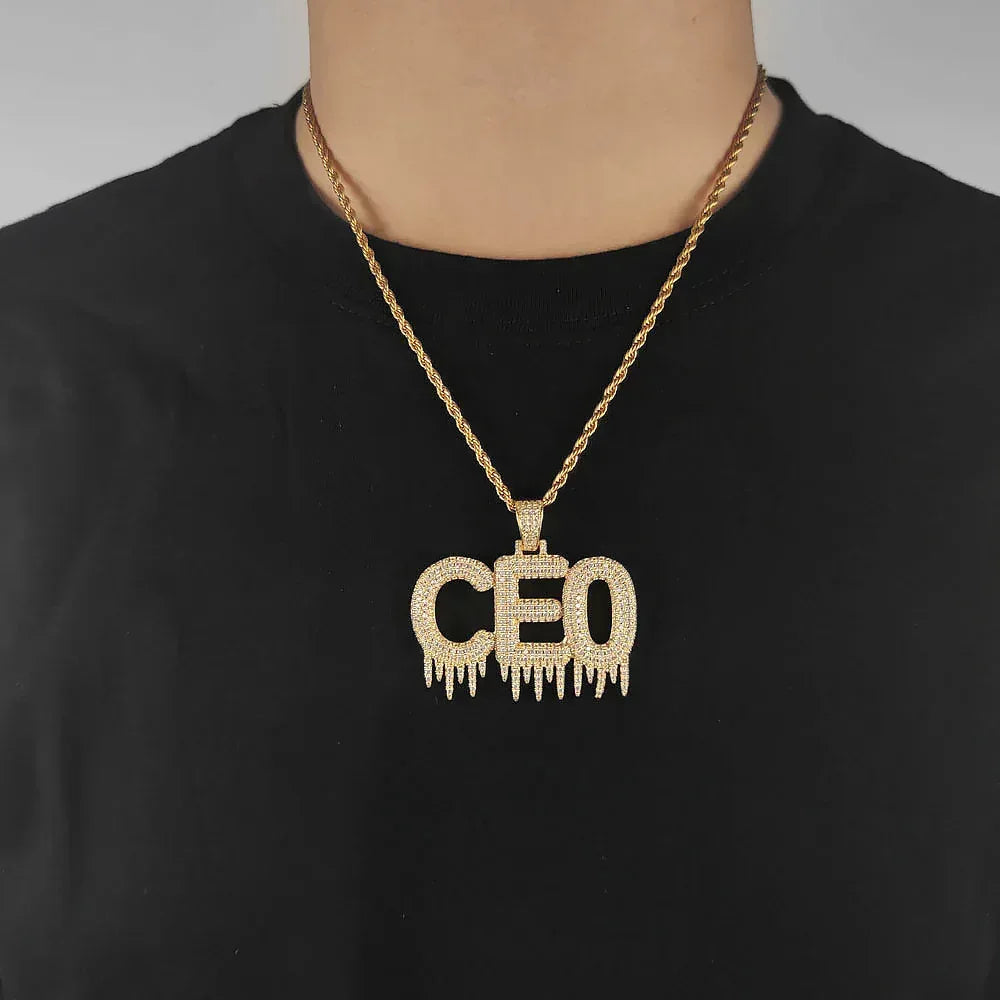 Ice Bar Letter Pendant Necklace with Copper Frame and Zircon Stones for Men | Caratix Jewelry - CaratixJewelry