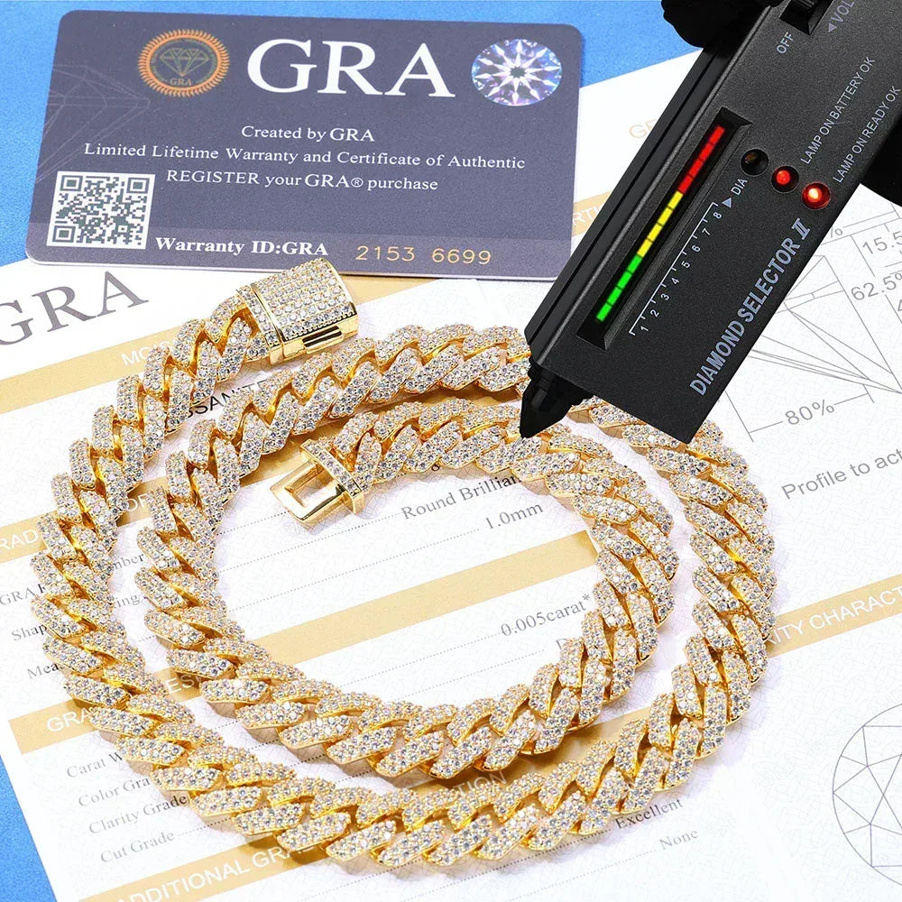12mm Double-Row Moissanite -Cut Cuban Link Chain for Men – S925 Sterling Silver Custom Luxury Hip Hop Necklace - CaratixJewelry