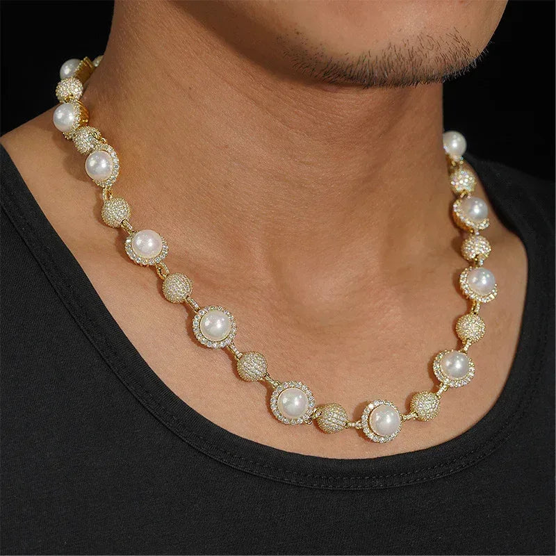 10mm Pearl Moissanite Necklace | S925 Silver Men’s Hip Hop Jewelry - CaratixJewelry