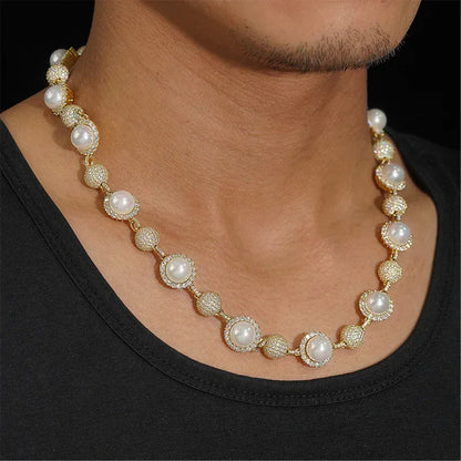10mm Pearl Moissanite Necklace | S925 Silver Men’s Hip Hop Jewelry - CaratixJewelry