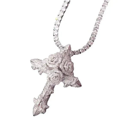 Luxury Iced Out Rose Cross Pendant for Men | Hip Hop Floral Faith Necklace | Premium Copper CZ Jewelry | Artistic Streetwear Bling | Caratix - CaratixJewelry