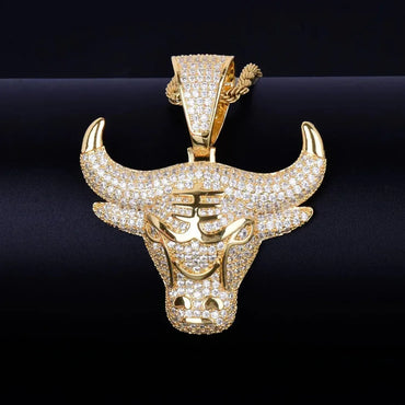 Iced Out Raging Bull Head Pendant | Men's Taurus Zodiac Necklace | Premium Copper CZ Chicago Style Jewelry | Wall Street Wealth Charm | Caratix - CaratixJewelry