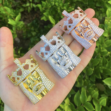 Iced Out Crowned Jesus Head Pendant | Unisex "The Jesus Piece" Necklace - CaratixJewelry