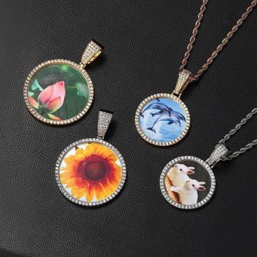 Custom Round Photo Pendant Necklace with Zircon Stones for Men and Women | Caratix Jewelry - CaratixJewelry