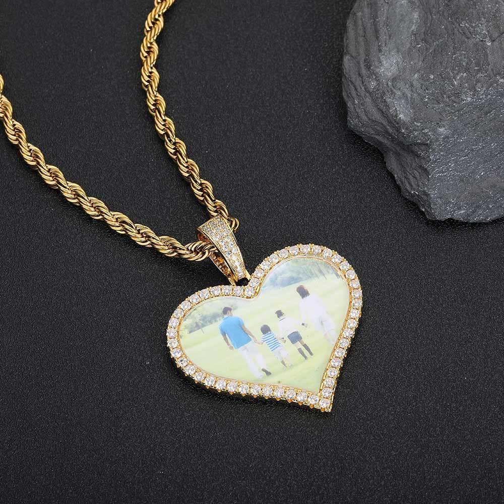 Custom Heart Photo Pendant Necklace with Zircon Stones for Men | Caratix Jewelry - CaratixJewelry