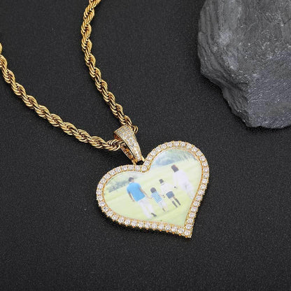 Custom Heart Photo Pendant Necklace with Zircon Stones for Men | Caratix Jewelry - CaratixJewelry