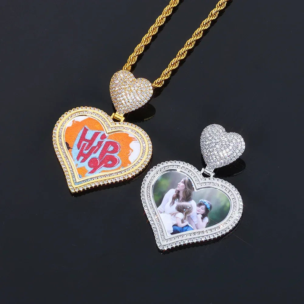 Custom Heart Photo Pendant Necklace with Zircon Stones for Men | Caratix Jewelry - CaratixJewelry