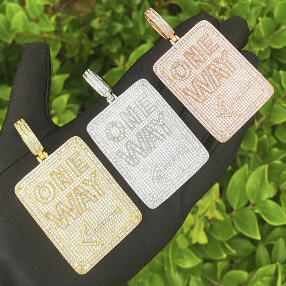 Iced Out "ONE WAY" Rectangular Pendant | Men's Real Copper CZ Plaque Necklace - CaratixJewelry