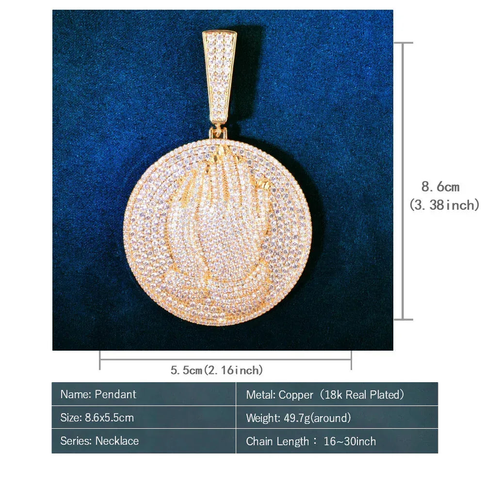 Double-Hand Disc Pendant Necklace | CZ Iced Out Hip Hop Streetwear Sweater Chain - CaratixJewelry