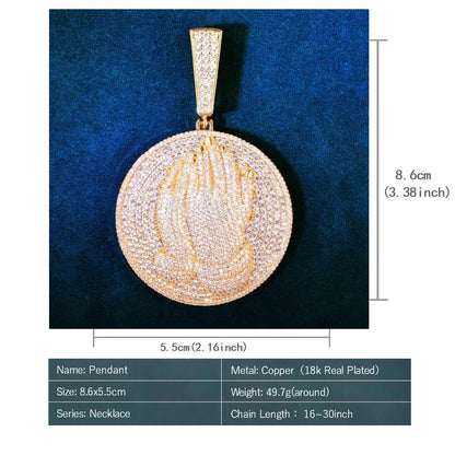 Double-Hand Disc Pendant Necklace | CZ Iced Out Hip Hop Streetwear Sweater Chain - CaratixJewelry