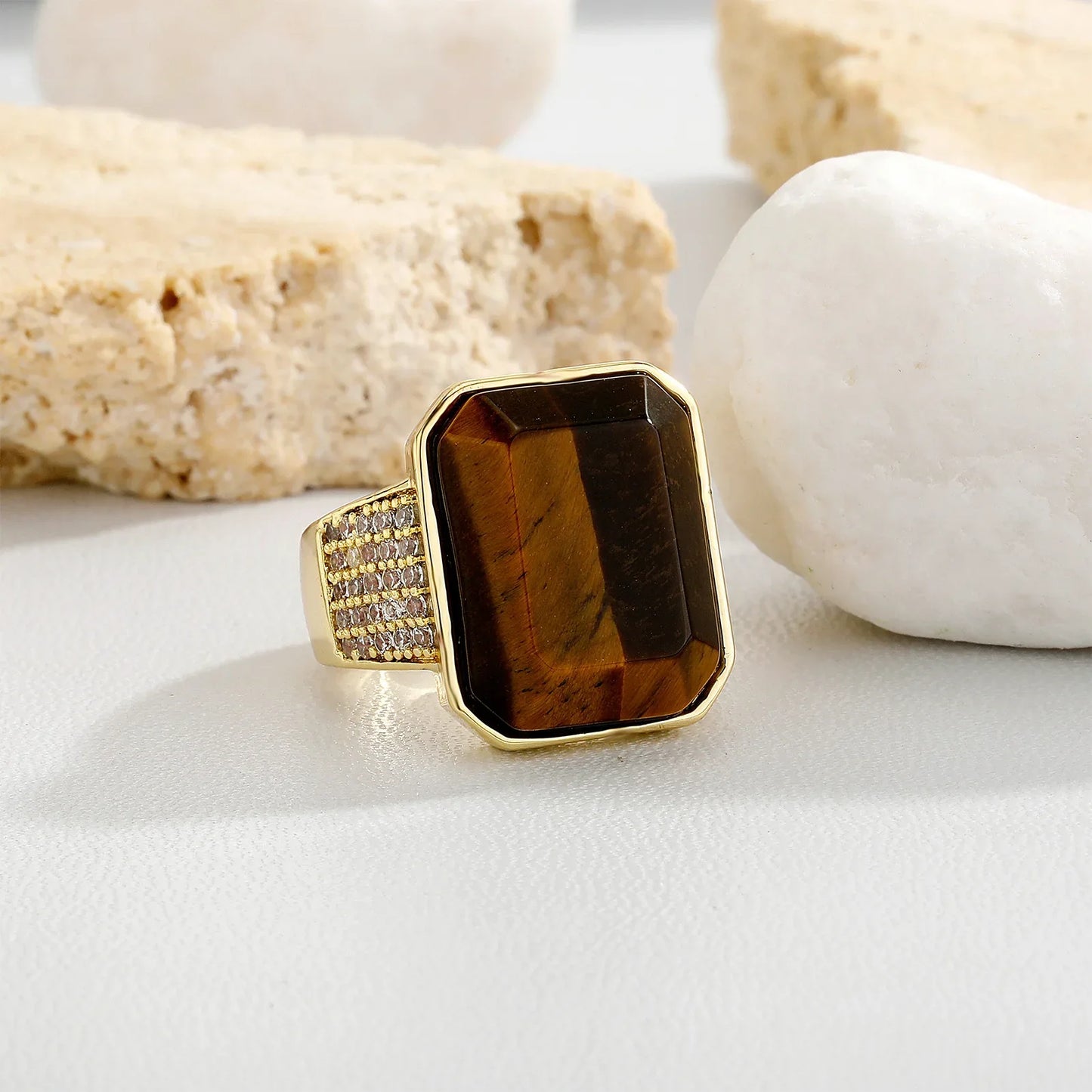 Natural Tiger's Eye Men's Ring | Solid Vintage Signet Band | Caratix