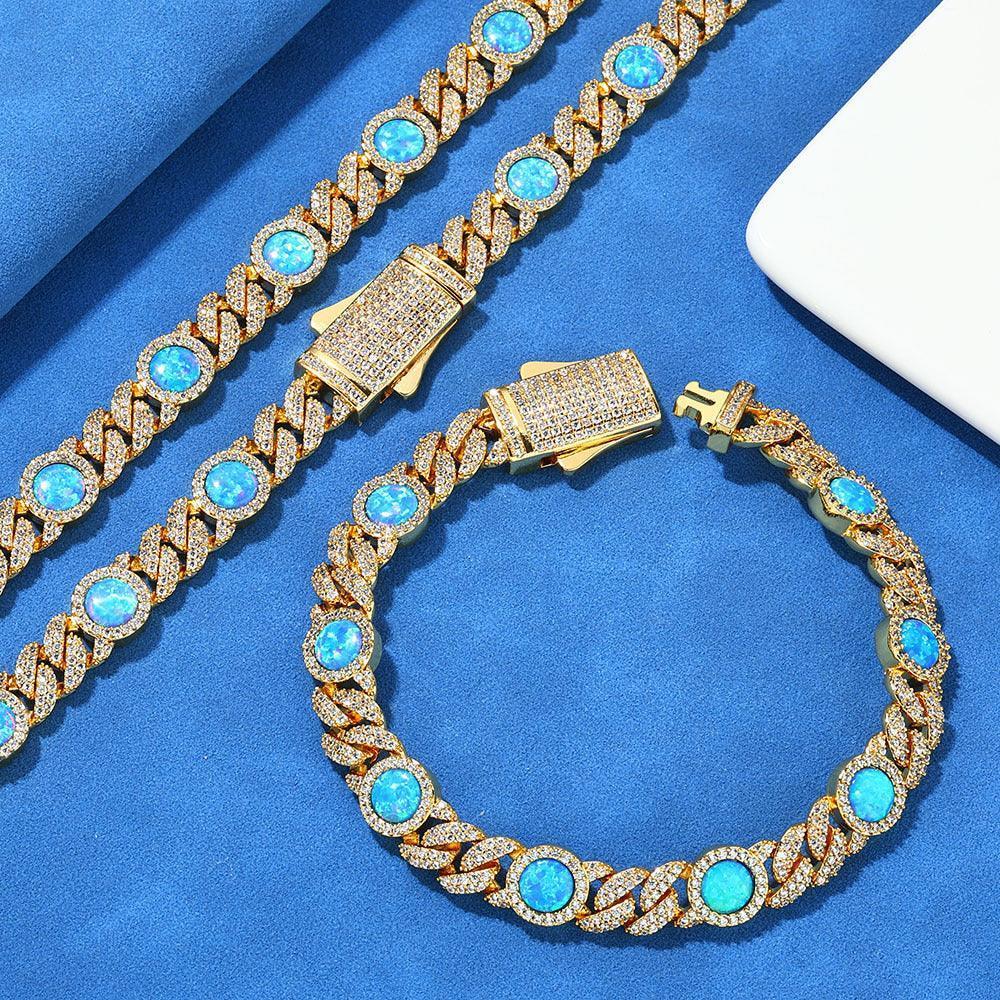8mm Blue Gemstone Opal Zircon Hip Hop Jewelry Cuban Bracelet - CaratixJewelry