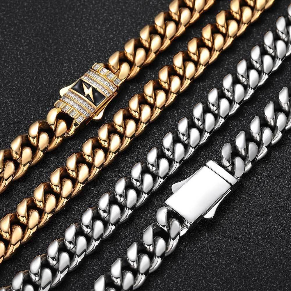 Stainless Steel Cuban Chain Lightning Zircon Necklace with Spring Clasp for Men | Caratix Jewelry - CaratixJewelry