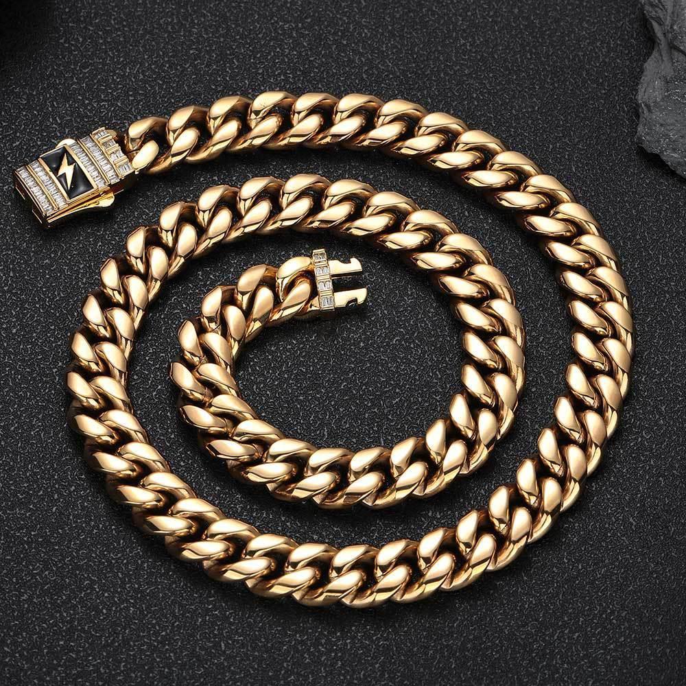 Stainless Steel Cuban Chain Lightning Zircon Necklace with Spring Clasp for Men | Caratix Jewelry - CaratixJewelry